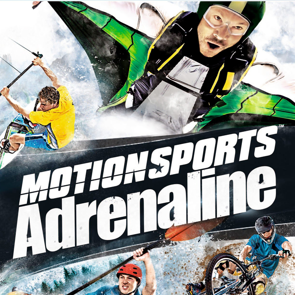 Cover mit Extremsportbildern: Kitesurfen, Wingsuit-Fliegen, Kajakfahren und Mountainbiken. Titel: MotionSports Adrenaline.