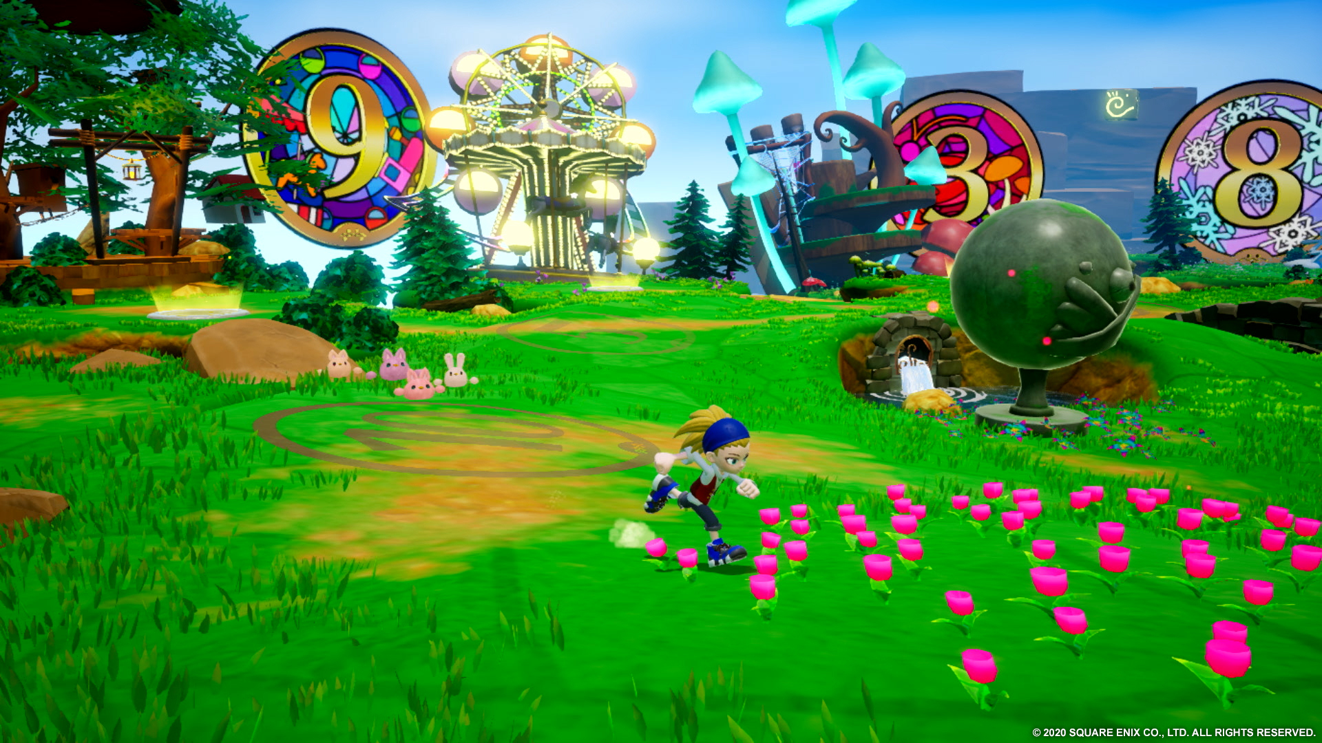 Postać biegnąca w kolorowym, fantazyjnym otoczeniu z unoszącymi się obiektami.