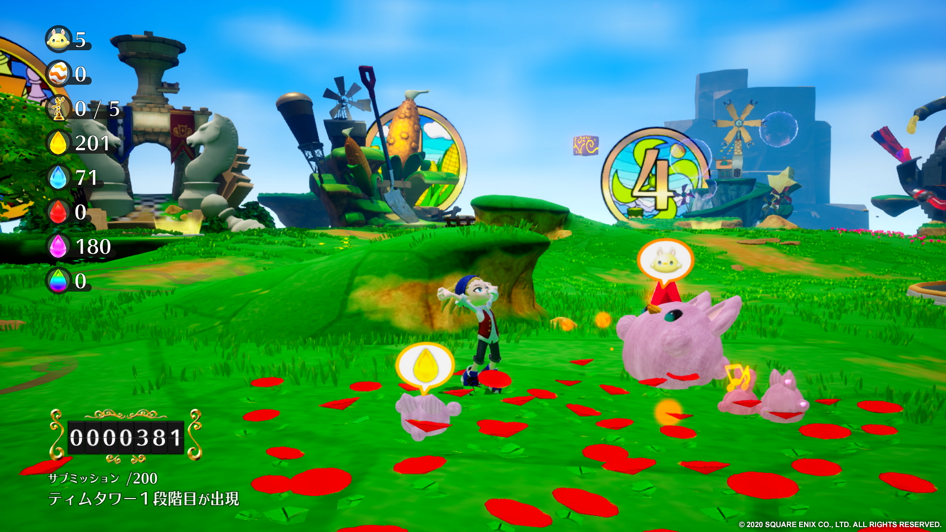 Postać stojąca w kolorowym świecie z unoszącymi się obiektami i interfejsem gry.