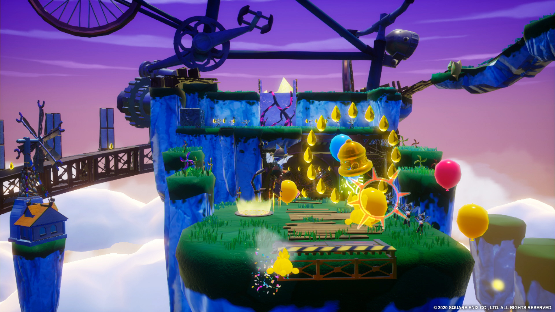 Postać biegnąca przez kolorowy, fantazyjny świat z unoszącymi się obiektami i przeszkodami.