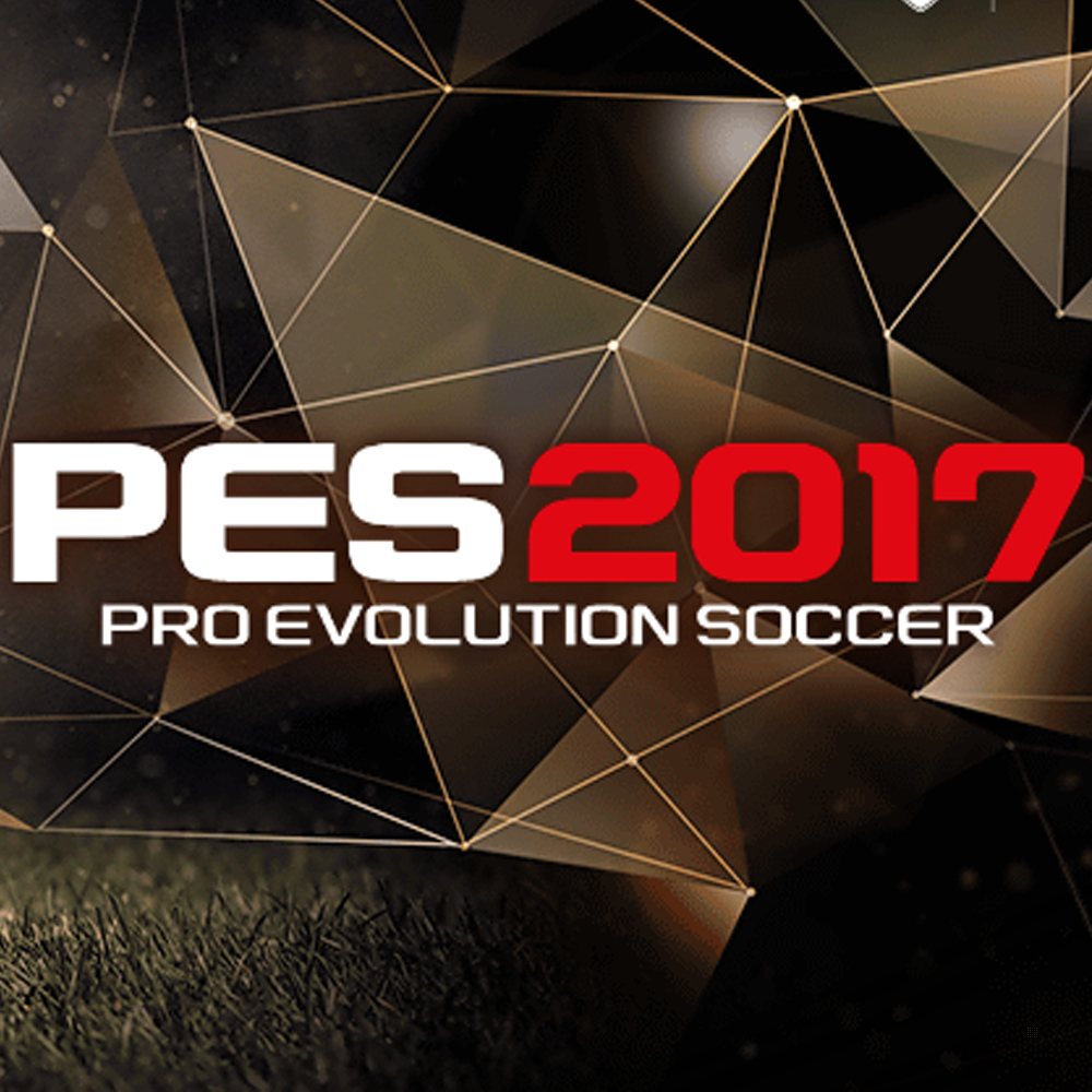 PES 2017 Spielcover mit dem Titel in Weiß auf dunklem Hintergrund mit geometrischem Goldmuster.
