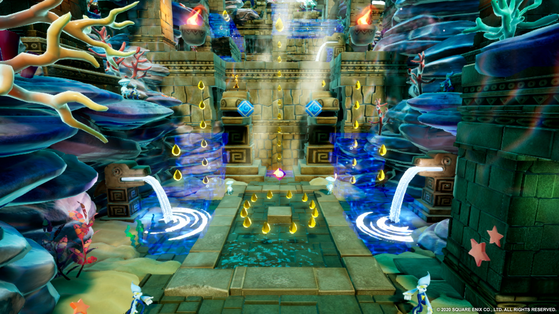 Kolorowa podwodna scena z fontannami wodnymi i kamienną konstrukcją.