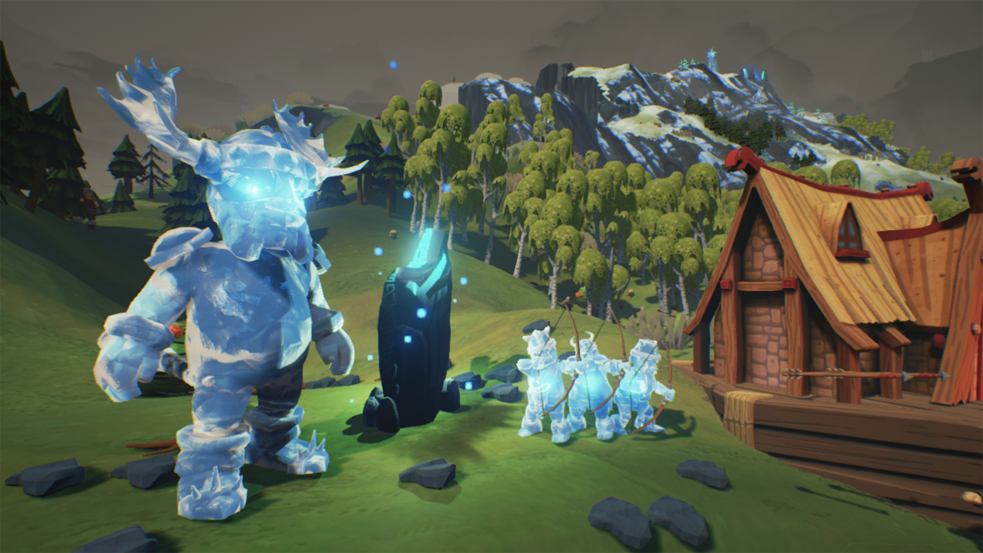 Una escena de juego con criaturas de hielo y un pequeño edificio. Una cordillera nevada en el fondo.