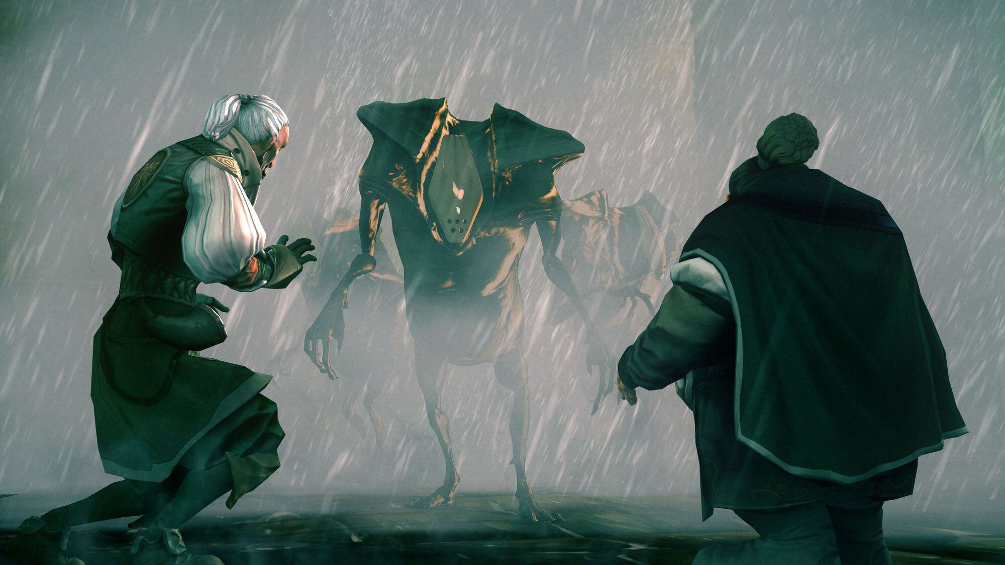 Dwie osoby obserwują, jak stworzenie pojawia się w deszczu. Potwór ma dużą głowę i brak twarzy.