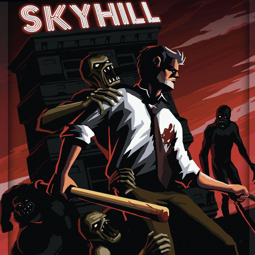 Mann bekämpft Zombies mit einem Baseballschläger, ein anderer Zombie hinter ihm. Gebäude mit SKYHILL-Schild.