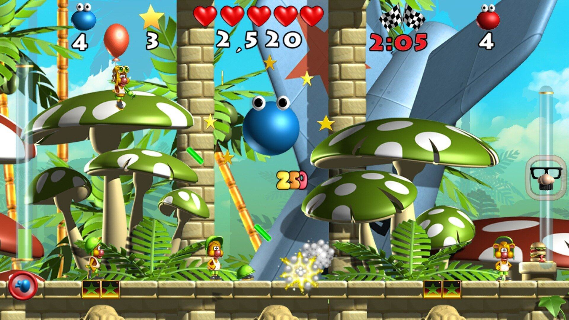 Eine Spielszene mit Zeichentrickfiguren, Pilzen und einem verspielten Hintergrund.