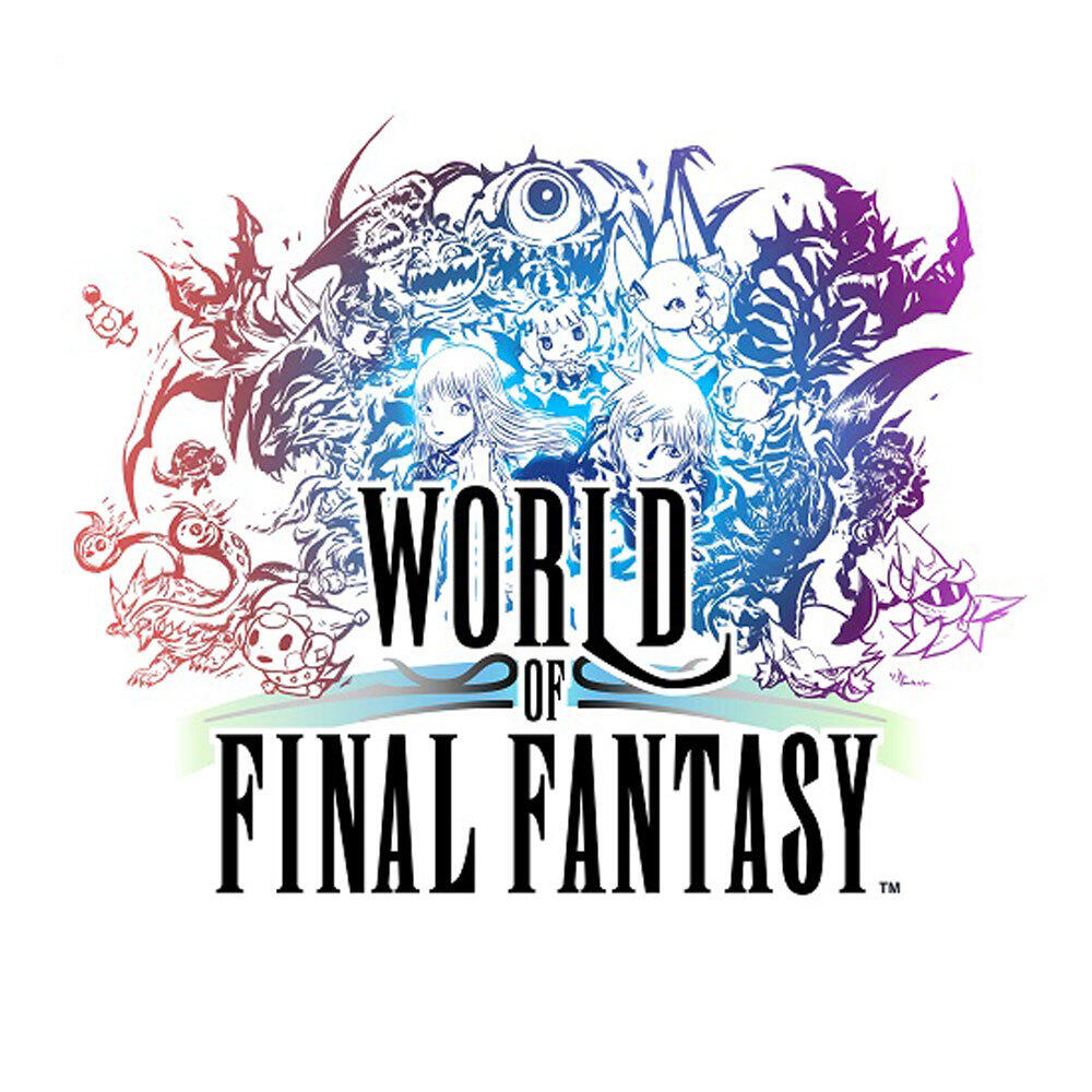 Logo World of Final Fantasy z kolorowymi postaciami i stworzeniami na białym tle.