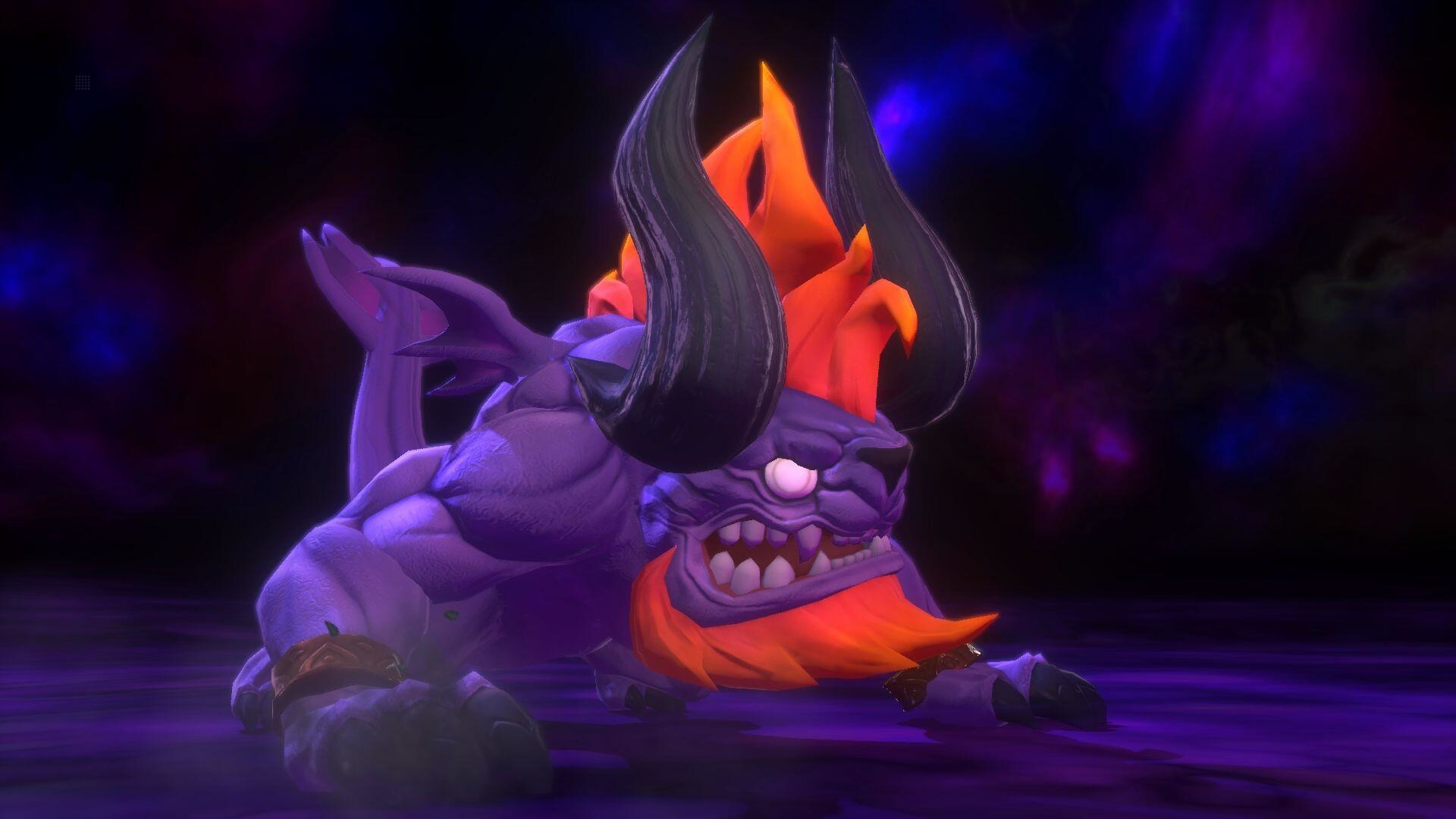 Fioletowy potwór z rogami i pomarańczowymi włosami. Ciemne tło z świecącymi fioletowymi i niebieskimi efektami.