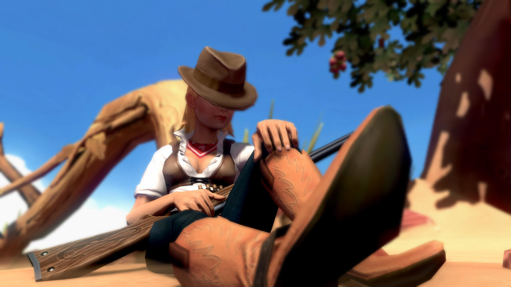 Cowgirl sitzt mit einem Gewehr, das auf ihren Beinen ruht. Cowboy-Stiefel und ein Hut sind sichtbar.
