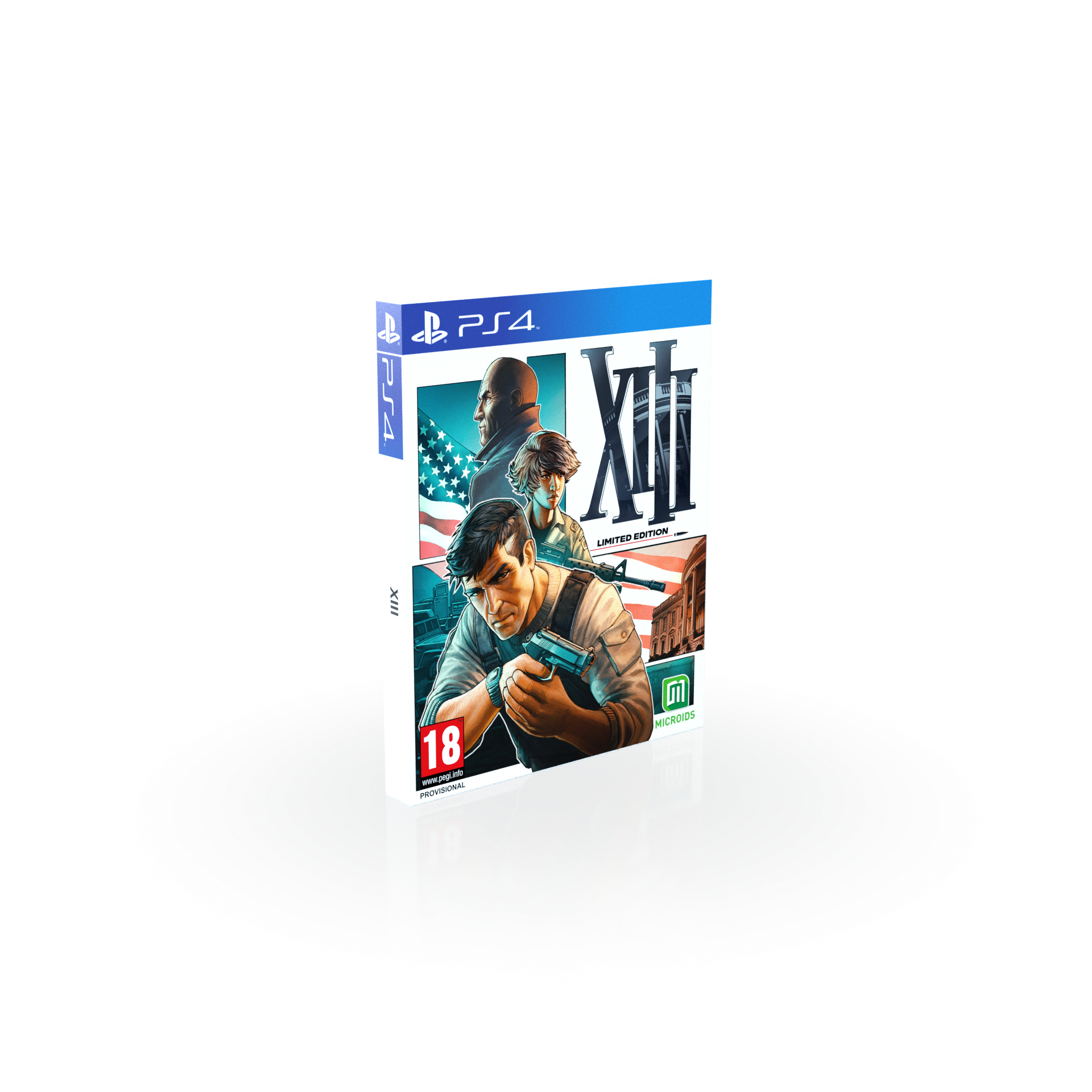Caja de videojuego de 'XIII' en PS4, con un hombre sosteniendo un arma, con la bandera de EE. UU. y otros personajes.