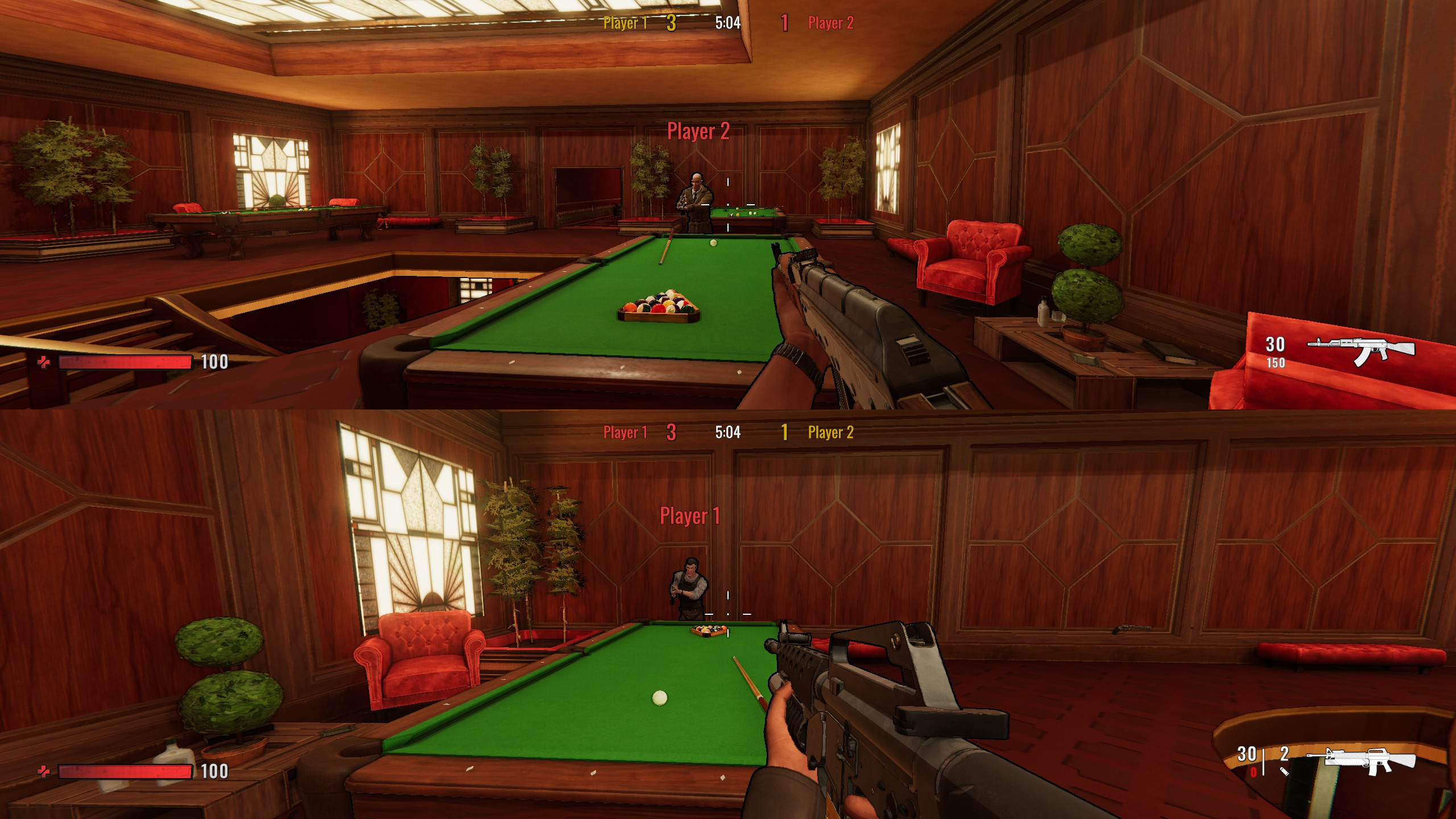 Pantalla dividida de un salón de billar de videojuegos, dos jugadores apuntándose con armas.