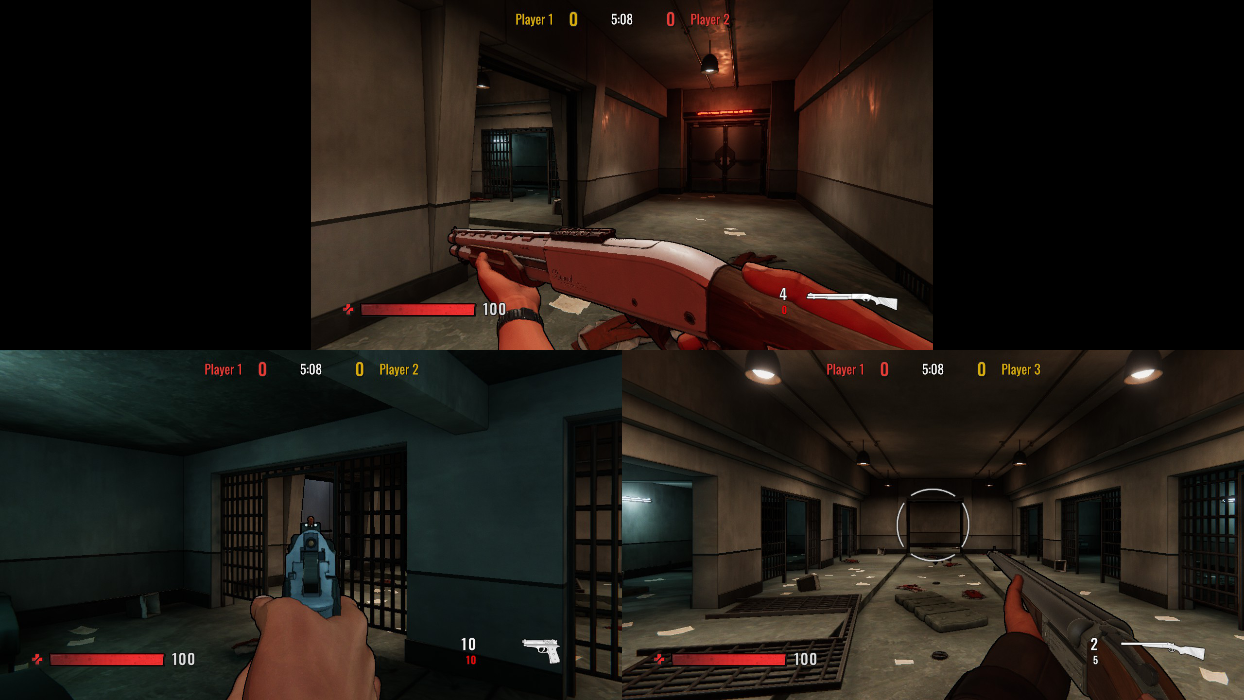 Pantalla dividida de un videojuego, dos jugadores en un pasillo, disparándose con armas.