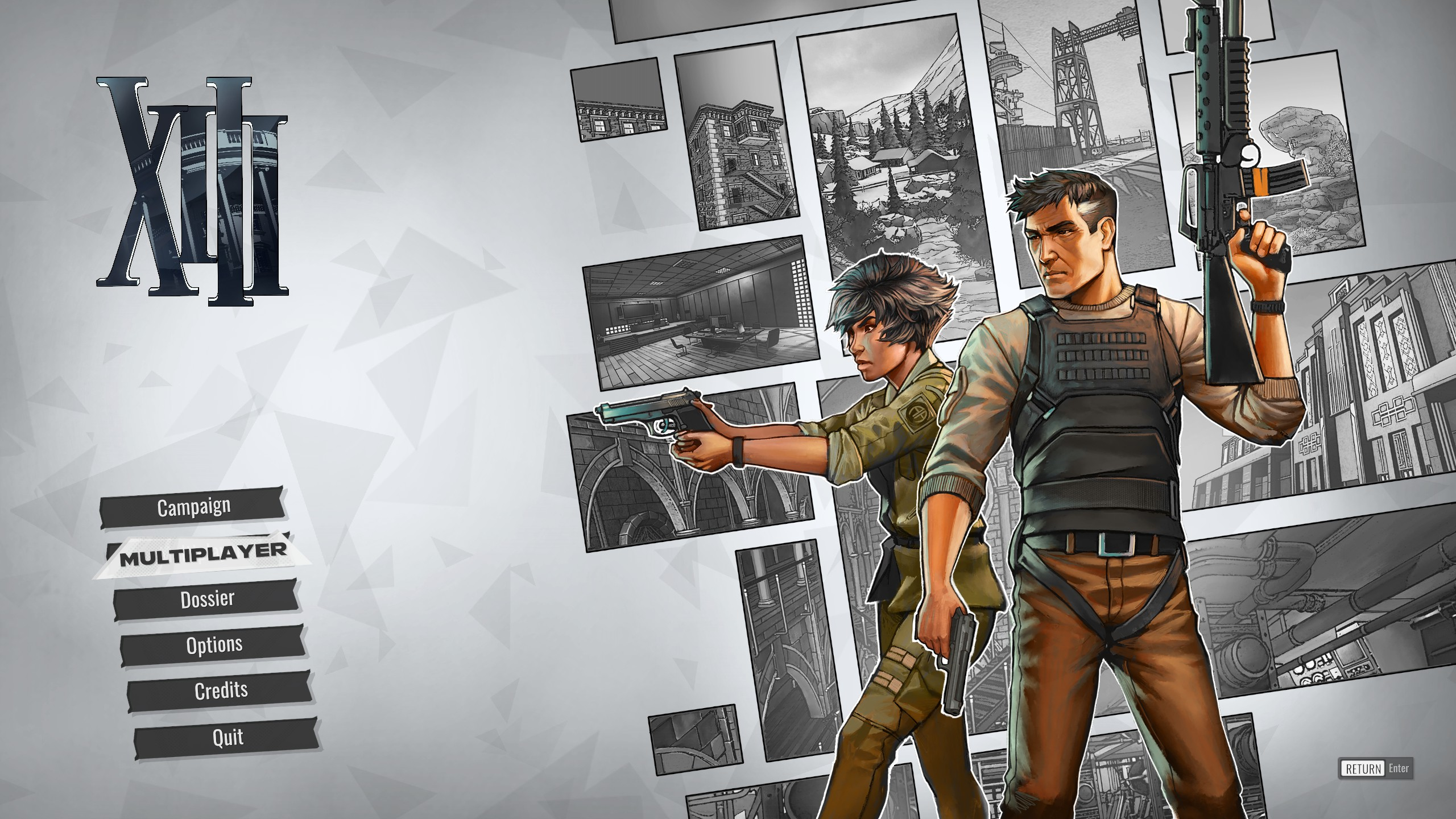 Pantalla de menú de videojuego con estilo cómic, con un hombre y una mujer con armas, en blanco y negro.