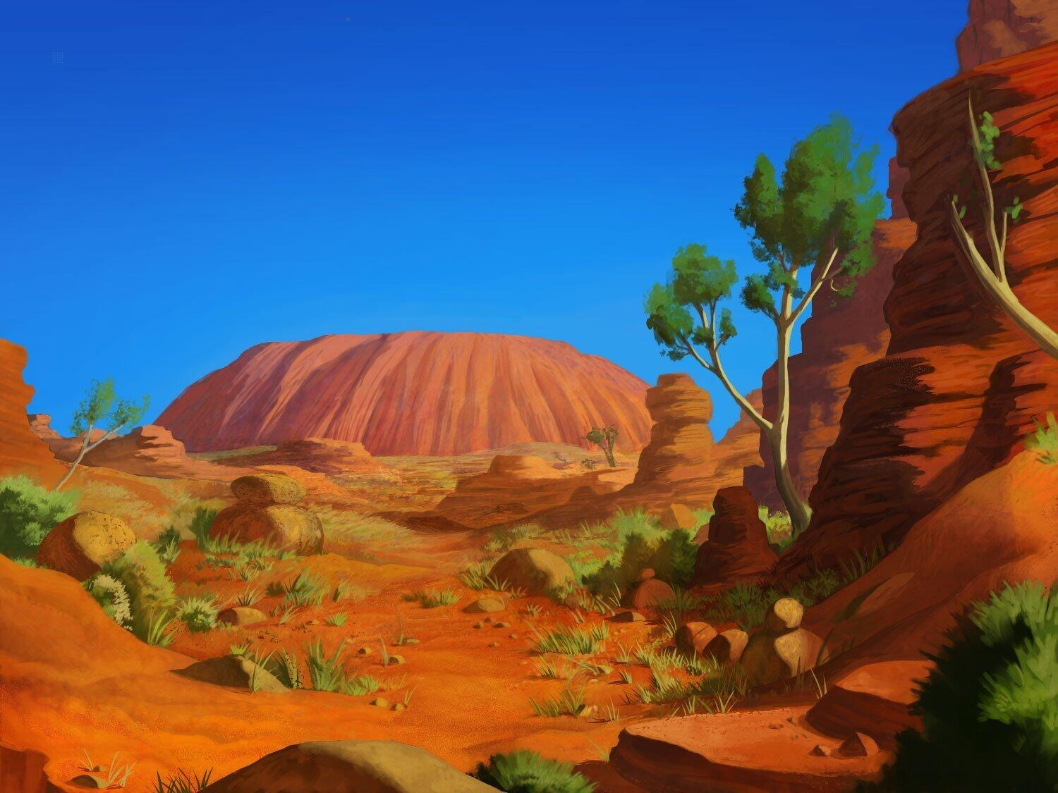 Illustration einer roten Felsformation mit blauem Himmel, Wüstenlandschaft mit grünen Büschen und Bäumen.