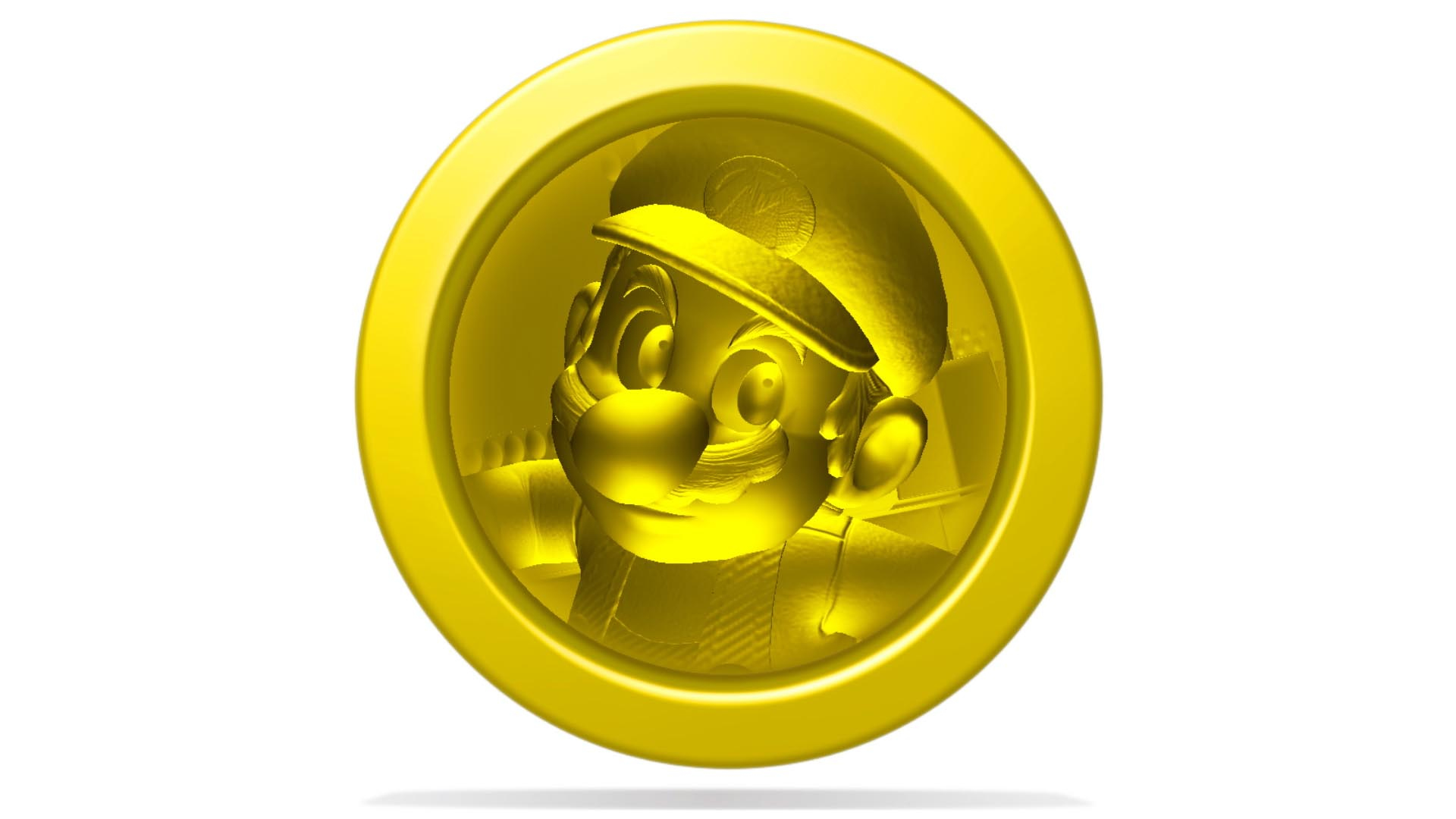 Primo piano di una moneta d'oro con la faccia di Mario al centro, su sfondo bianco.