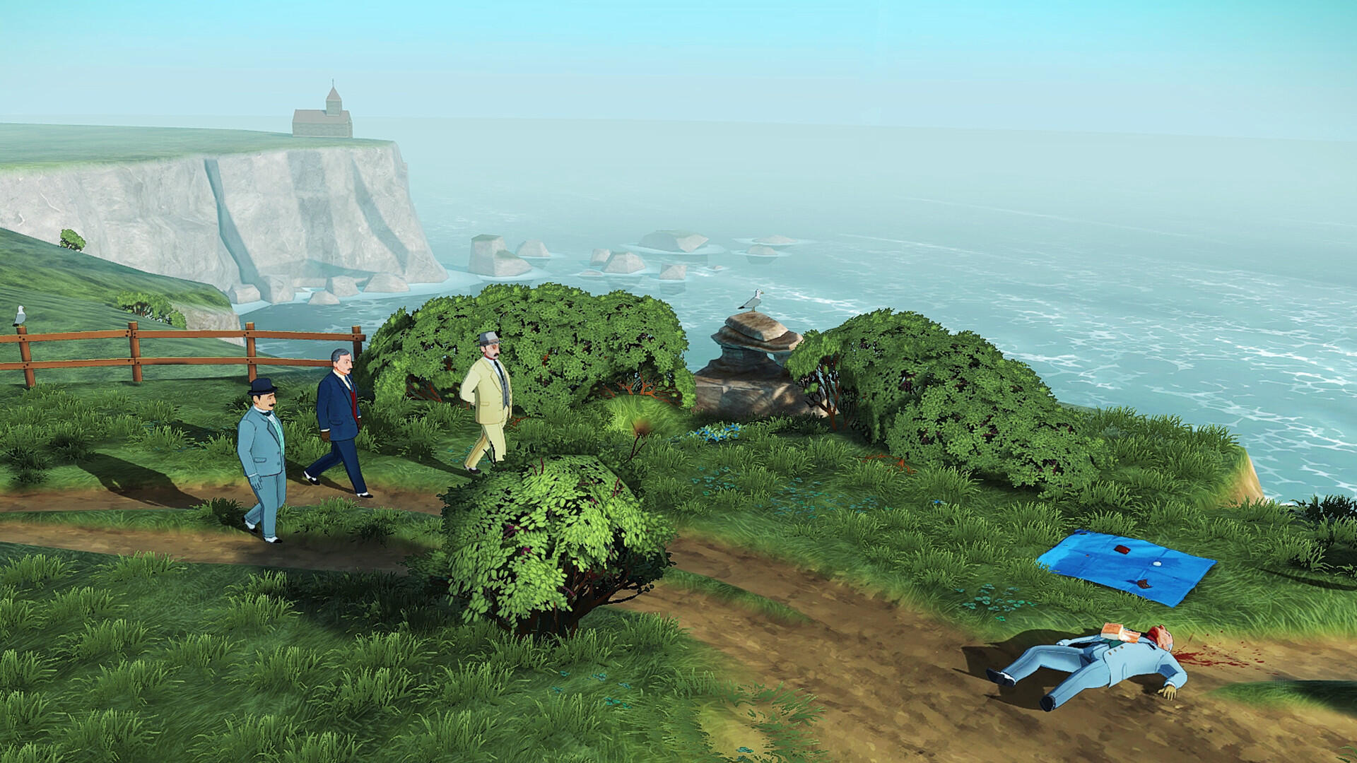 Trzech mężczyzn idzie po trawie w pobliżu klifu i morza. Jeden mężczyzna leży martwy na trawie.