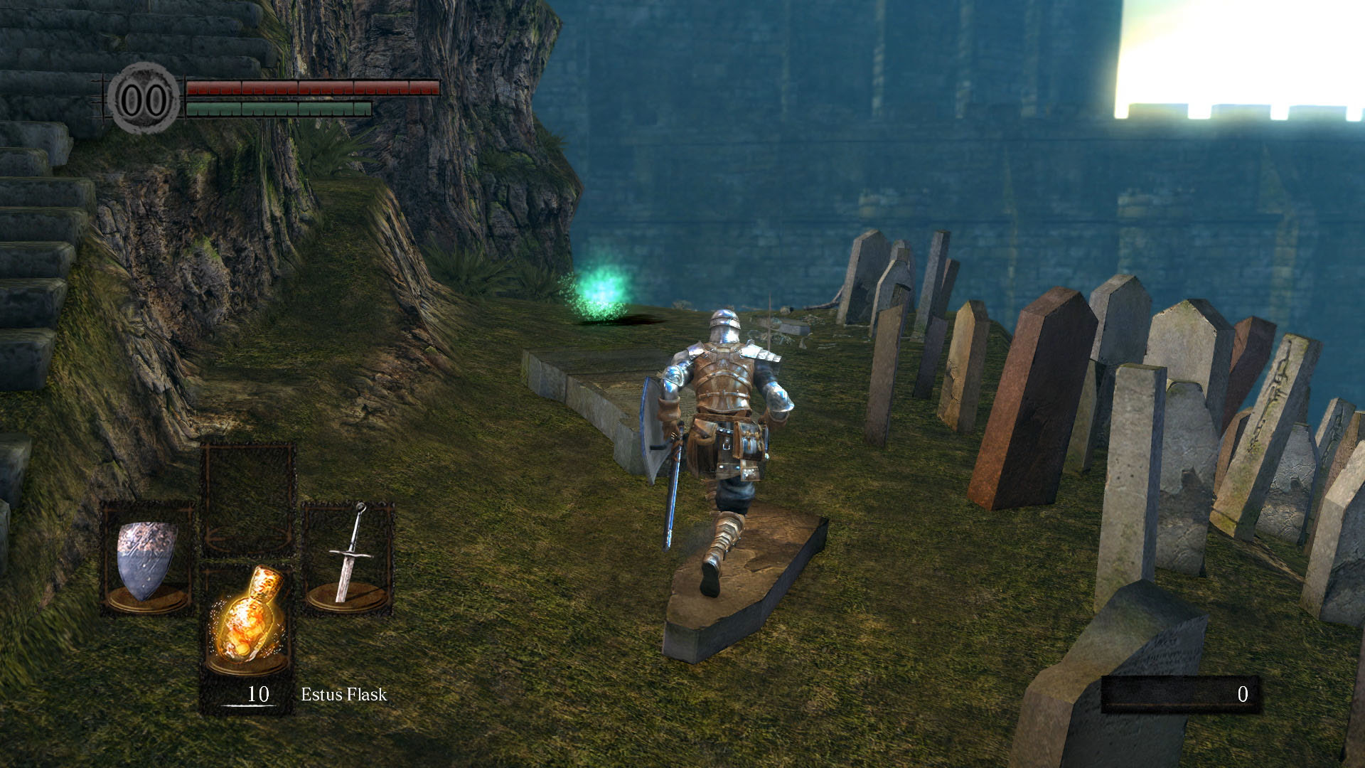 Ein Charakter in einem Spiel steht auf einem Steinweg in der Nähe von Gräbern. Ein Licht ist in der Ferne.