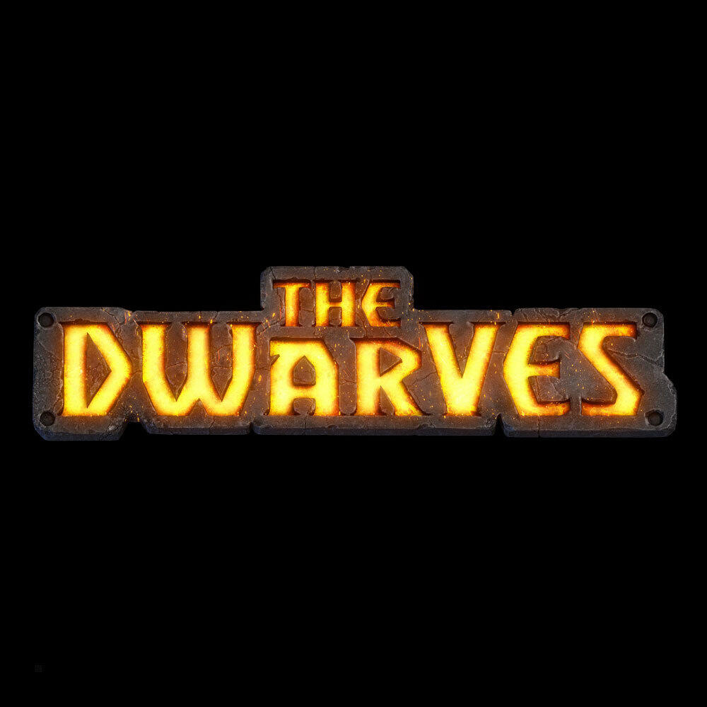 Logo gry The Dwarves z świecącym tekstem na tle przypominającym kamień.