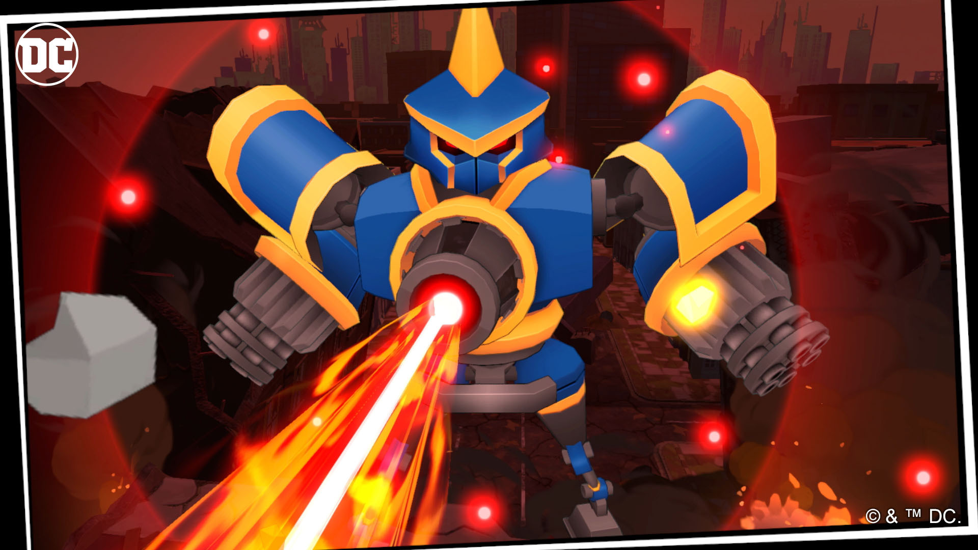 Robot z niebieską i złotą zbroją, strzelający czerwoną wiązką, otoczony czerwonymi kropkami.