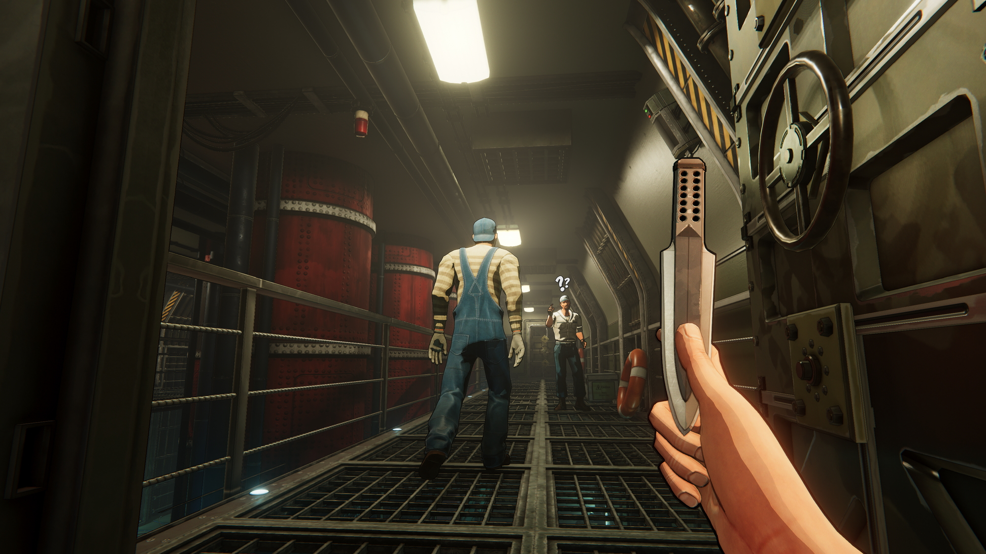 Vista en primera persona en un juego: dos figuras en un pasillo, el jugador sosteniendo un cuchillo.