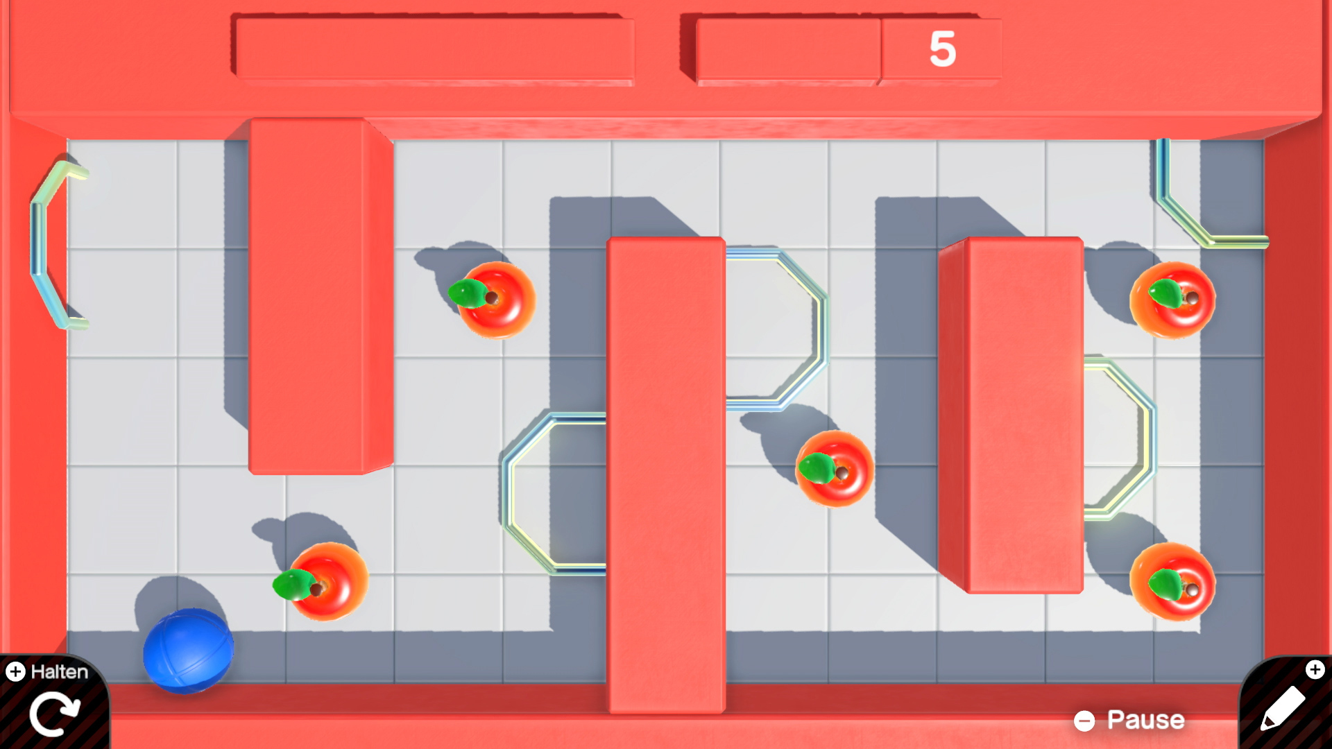 Draufsicht auf ein Spiel, eine blaue Kugel bewegt sich durch ein Labyrinth aus roten Blöcken und grünen Linien.
