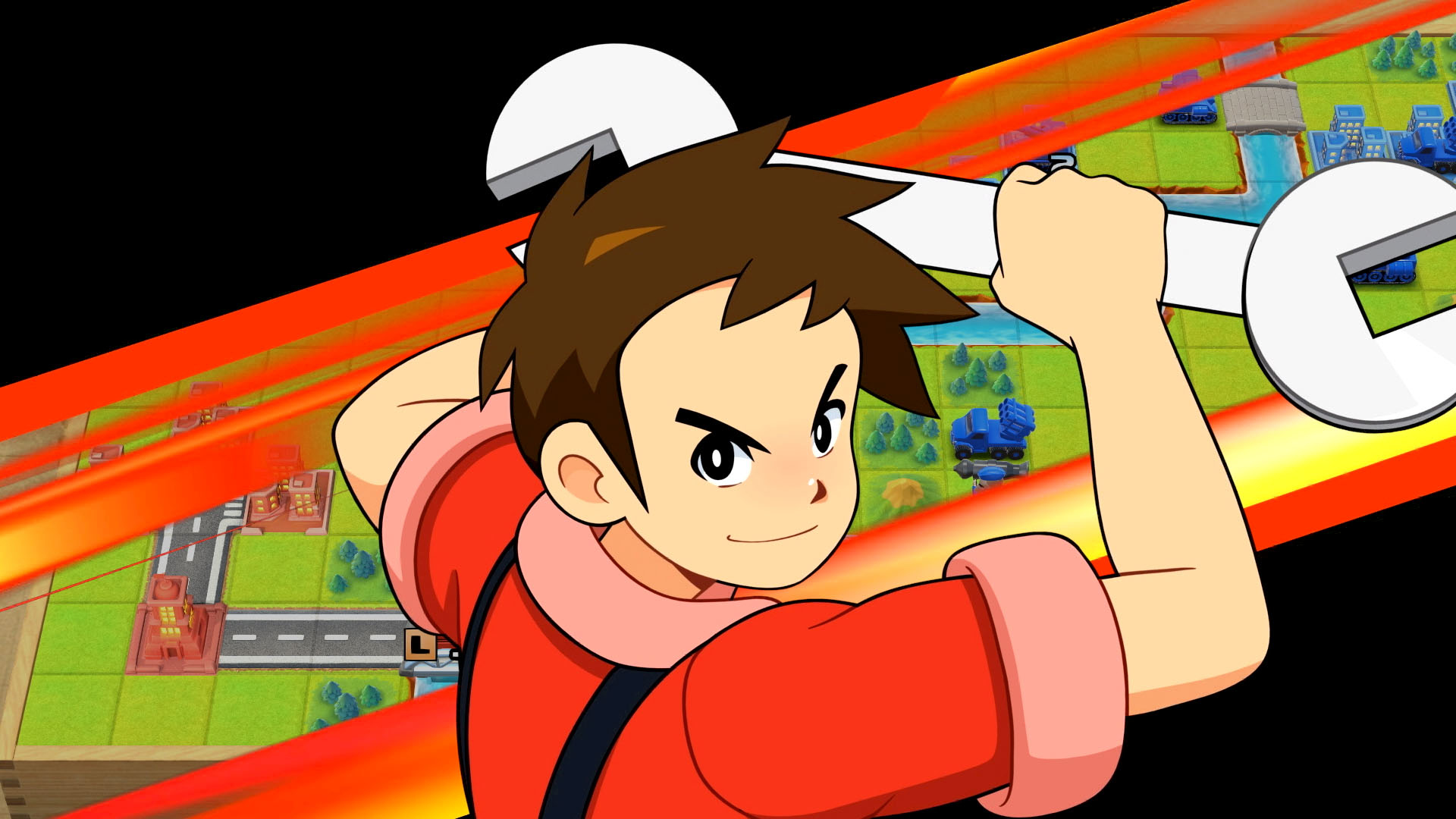 Anime-Figur, die einen Schraubenschlüssel hält, auf einem Spielbrett-Hintergrund mit roten und orangen Geschwindigkeitslinien.