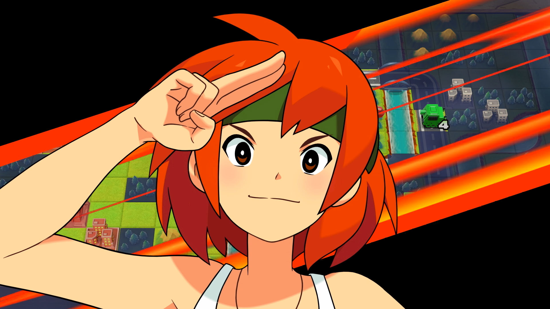 Ein Mädchen im Anime-Stil salutiert, mit Spielhintergrund. Eine Stadtlandschaft ist im Hintergrund sichtbar.