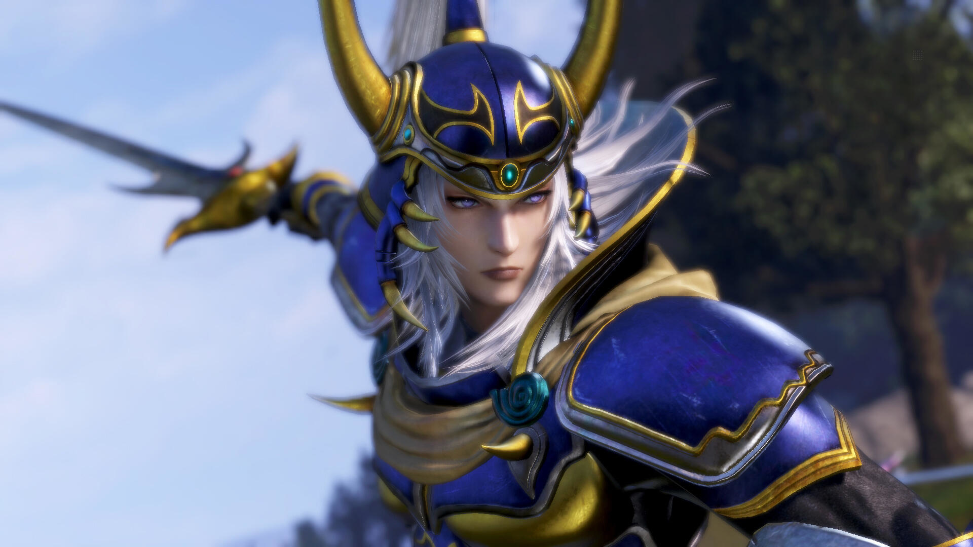 Un cavaliere in armatura blu e oro, che tiene una spada, guardando intensamente.