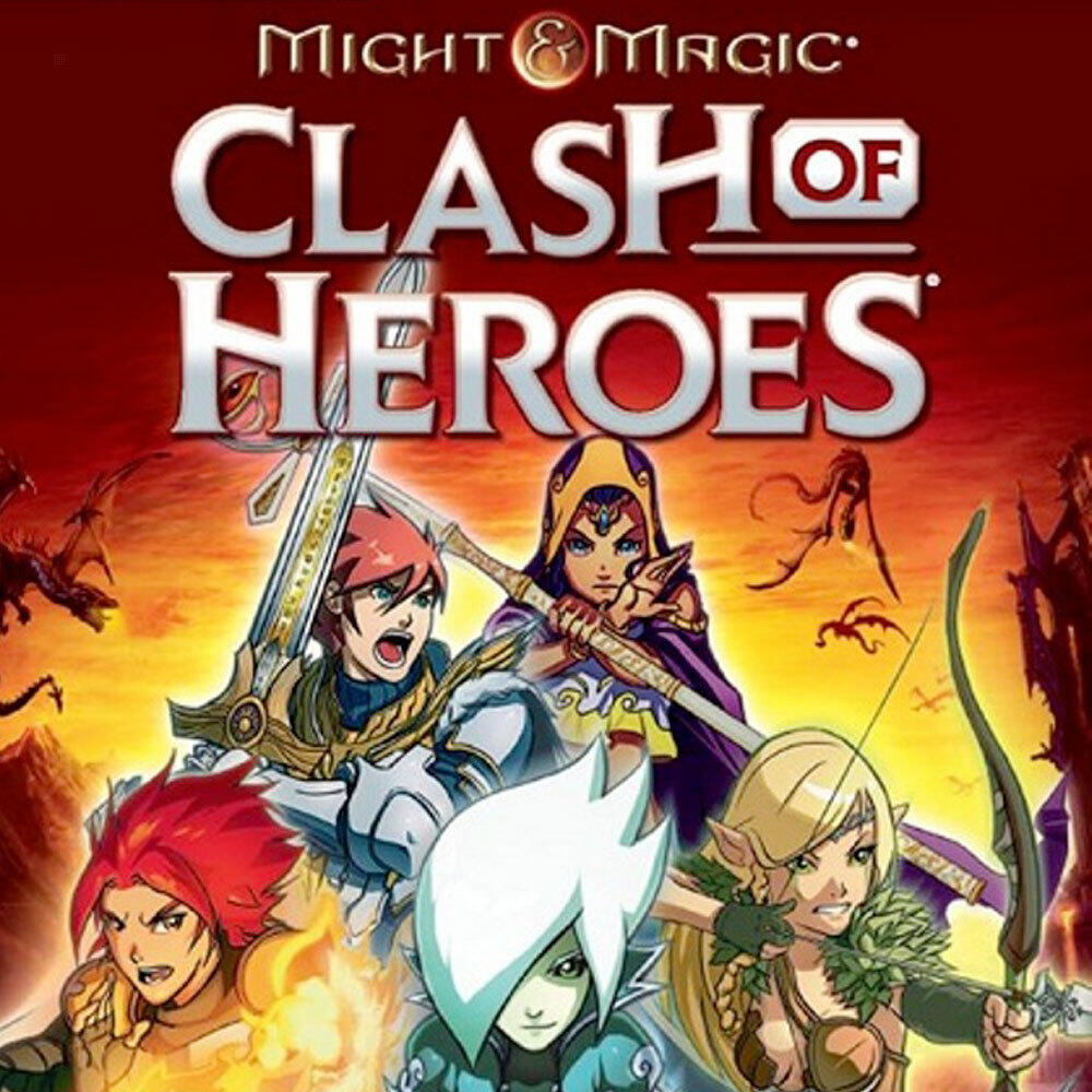 Cover-Art von Might & Magic: Clash of Heroes, mit verschiedenen Helden und einem Spieletitel.