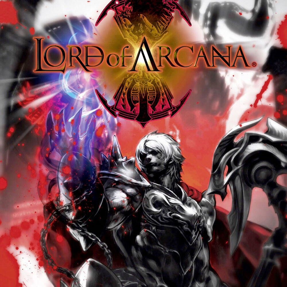 Lord of Arcana Spielcover mit zwei gepanzerten Figuren und einem roten, dunklen Hintergrund.