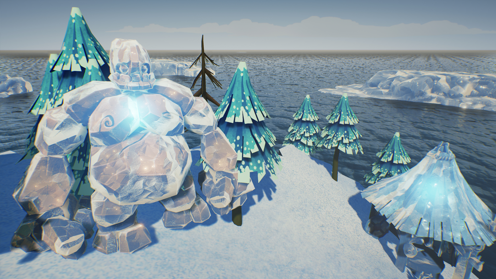 Un golem di ghiaccio vicino ad alberi di ghiaccio stilizzati su un'isola innevata. Acqua e cielo sullo sfondo.