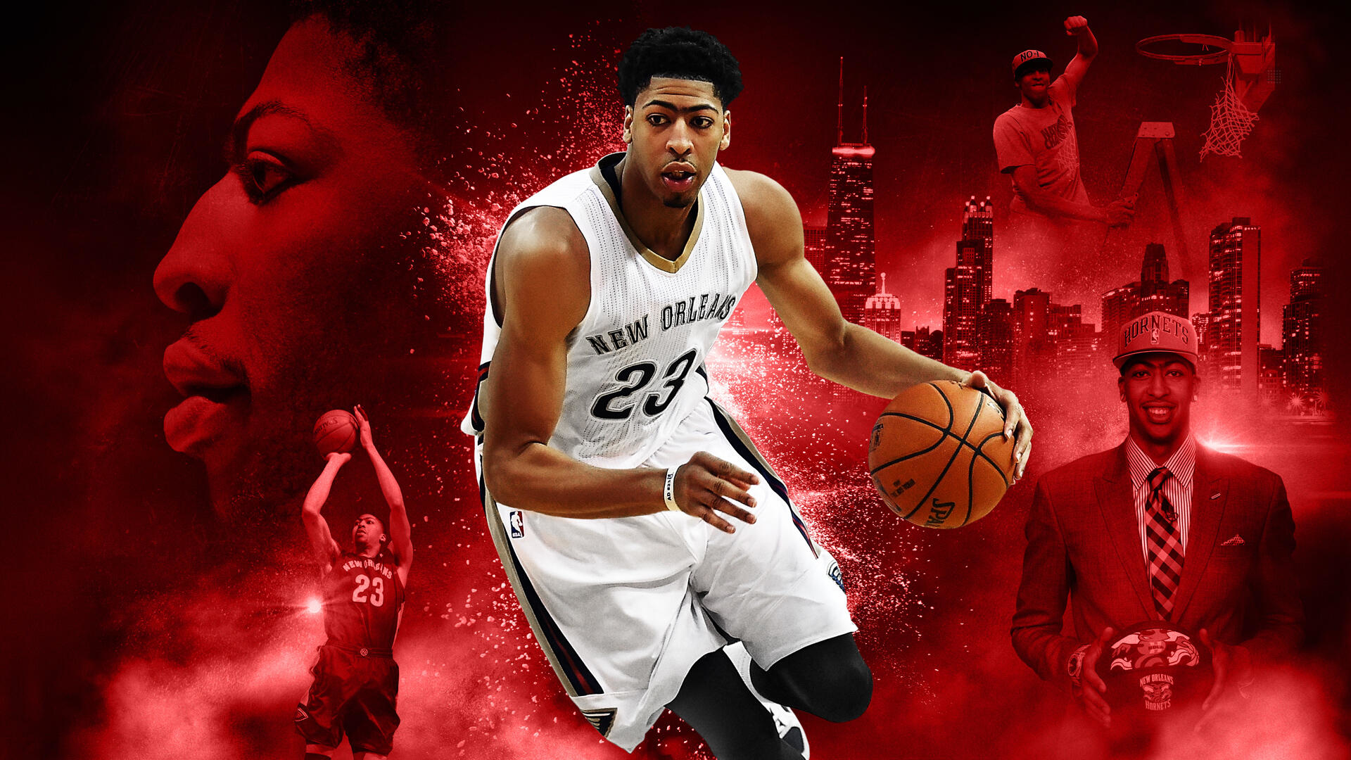Il giocatore di basket Anthony Davis con la maglia di New Orleans, che palleggia la palla in un'immagine in toni rossi.