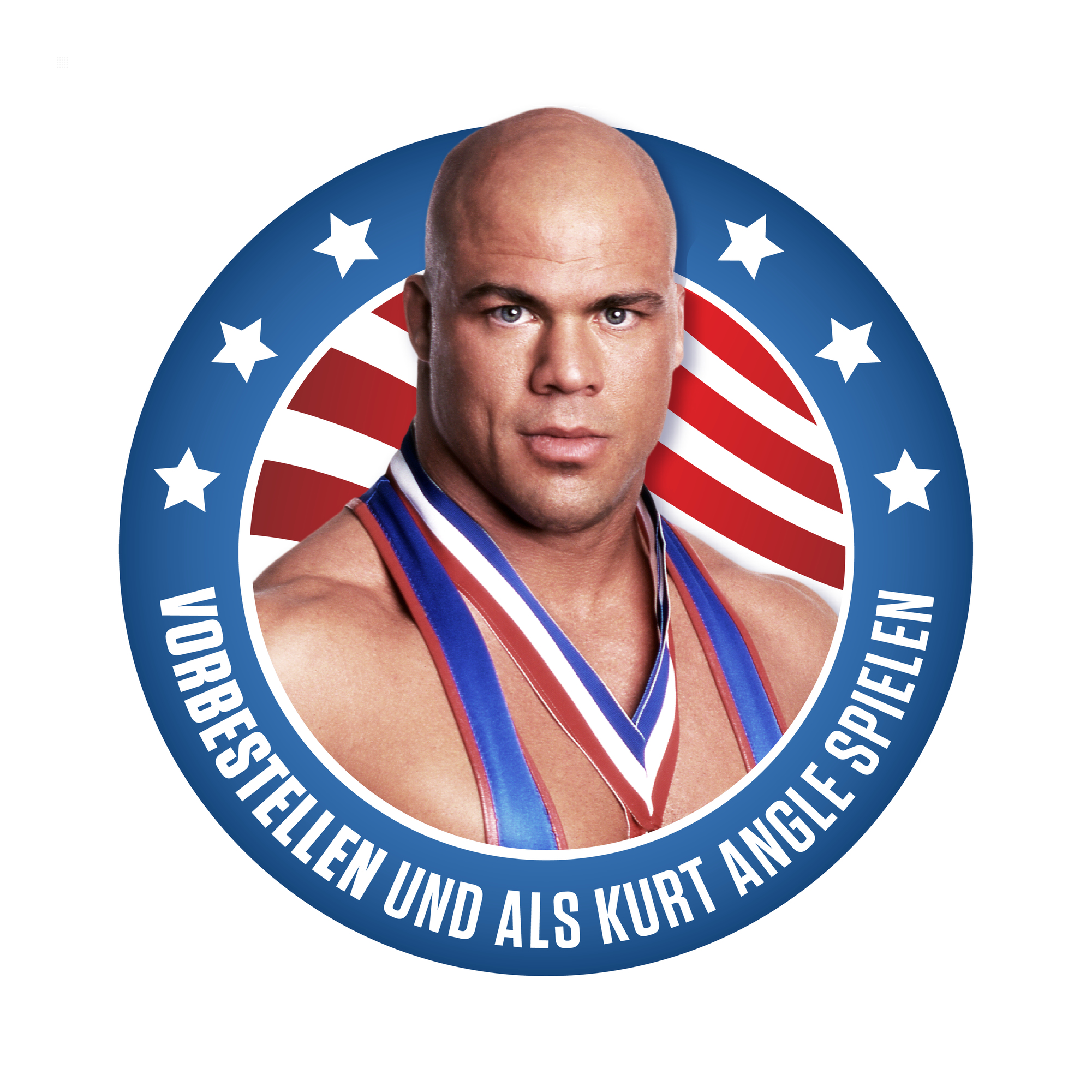 Portret mężczyzny w okręgu z flagą amerykańską w tle.