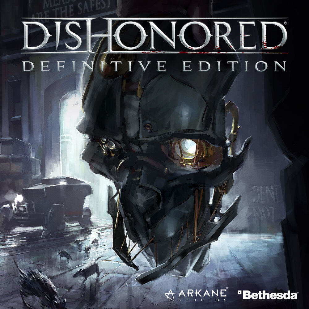 Una copertina del gioco Dishonored. Mostra una maschera, il titolo e il logo di Arkane Studios.