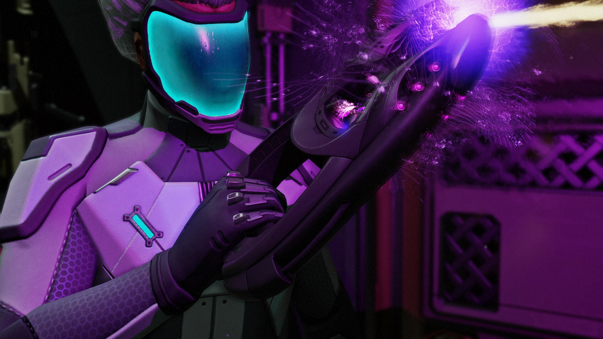 Postać w futurystycznym stroju strzela z broni. Tło jest fioletowe.