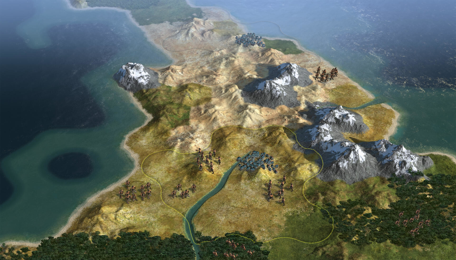 Eine Kartenansicht einer Landschaft mit Bergen, Wasser und Truppen, die eine Spielszene darstellt.