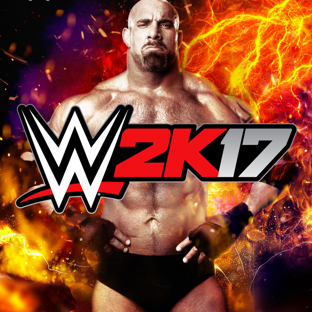 Un luchador musculoso con tatuajes. El logo 'WWE 2K17' es visible con un fondo de fuego.