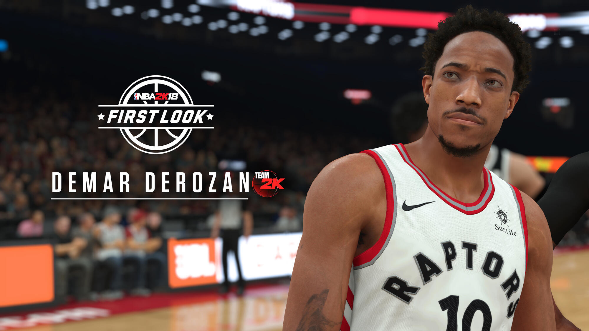Obraz NBA 2K18 First Look. Demar Derozan w koszulce Raptors, patrzący w bok.