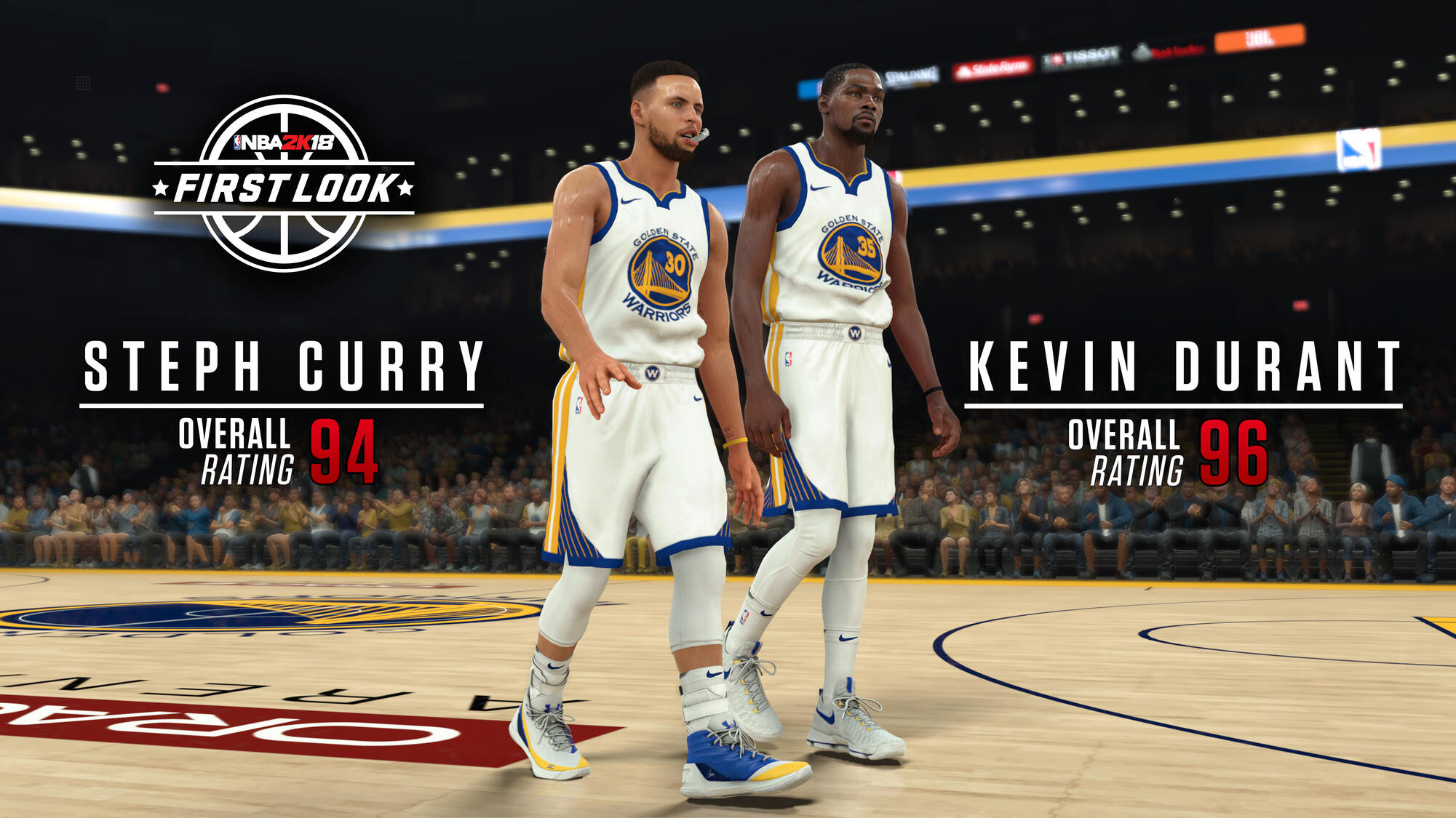 Dwóch koszykarzy, Curry i Durant, w mundurach. Curry ma ocenę 94, Durant 96. Widoczne logo NBA 2K18.