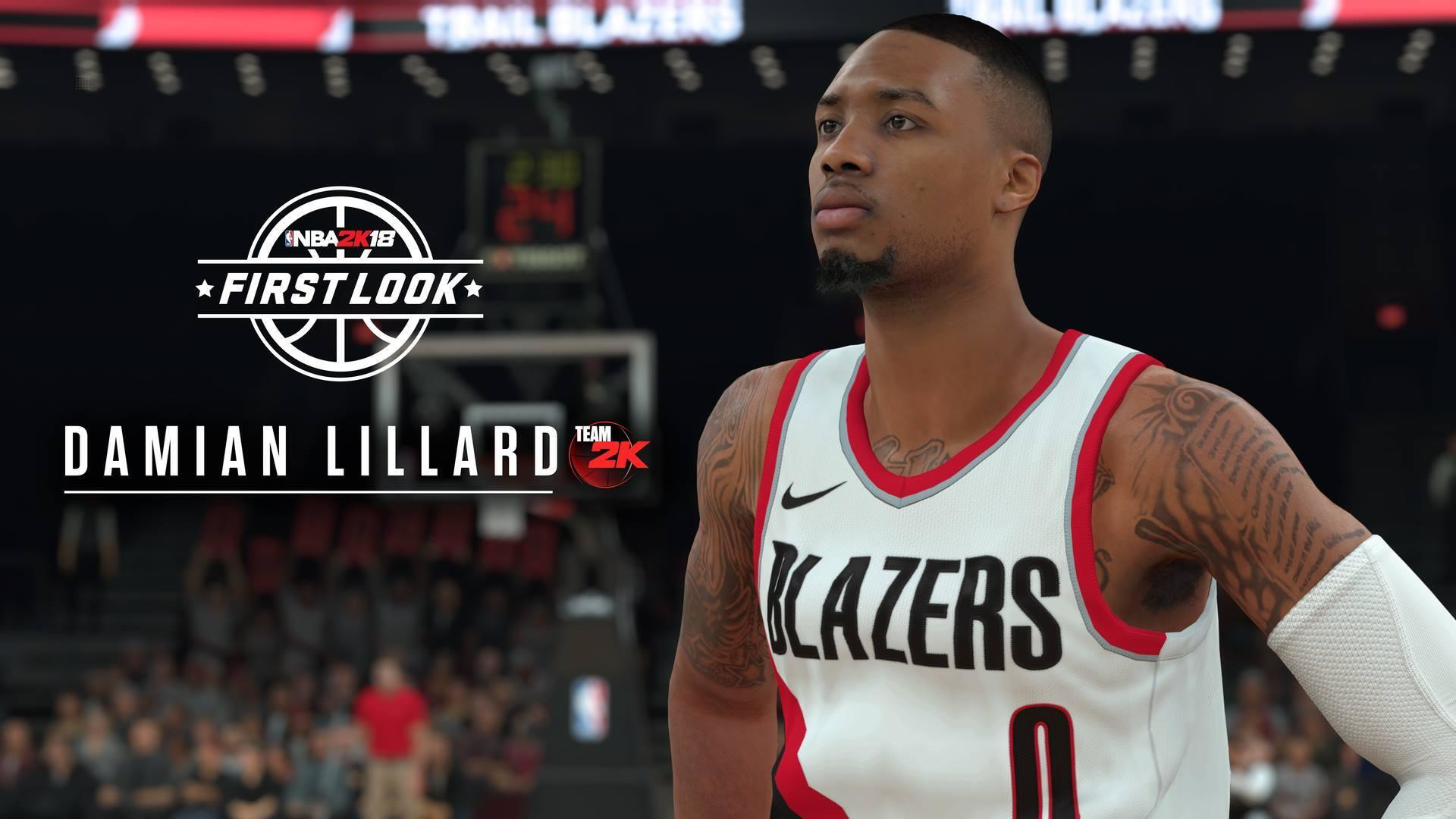 Obraz NBA 2K18 First Look. Damian Lillard w koszulce Blazers, patrzący w bok.