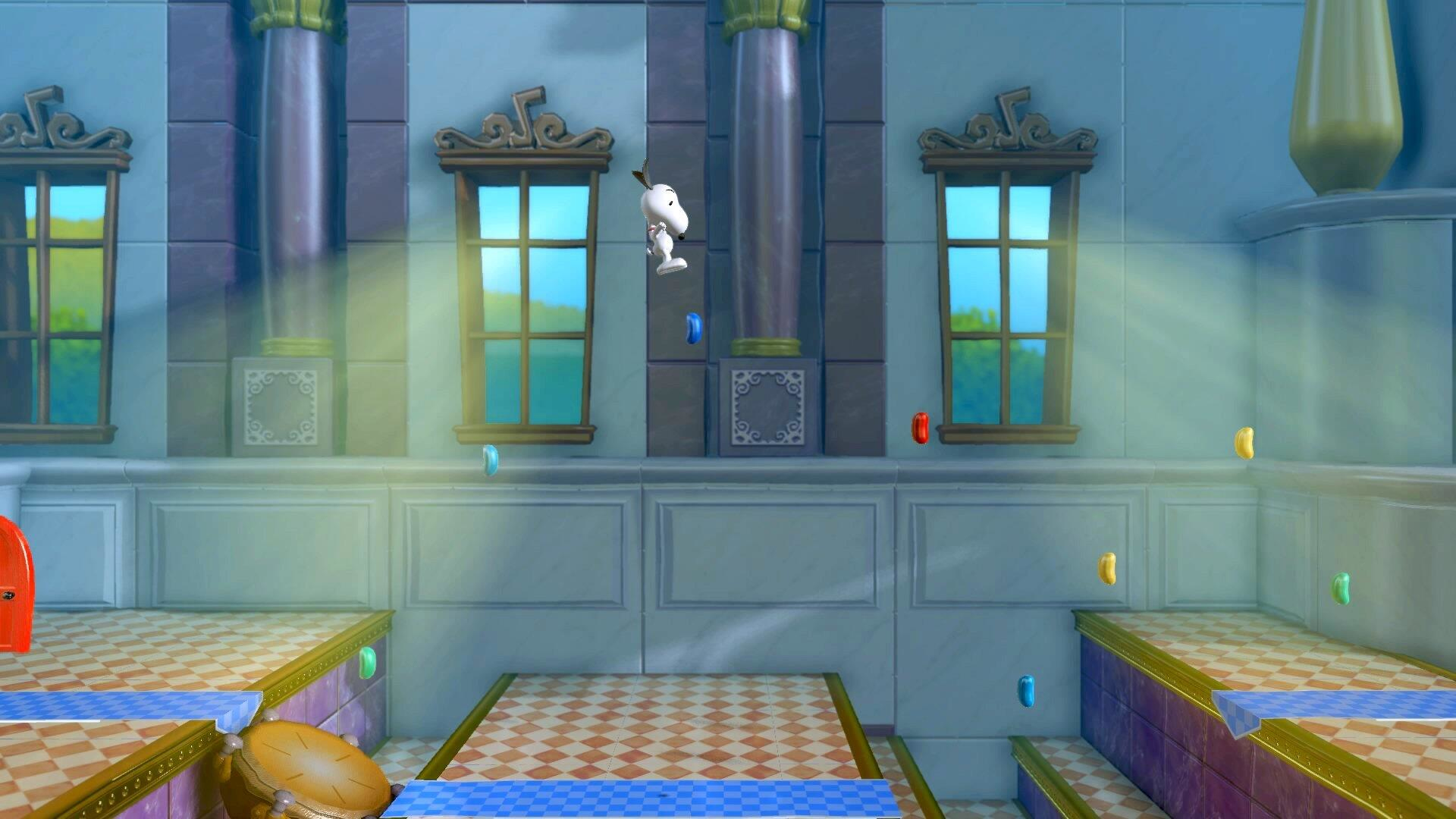 Snoopy springt in einem Gebäude mit Säulen und Fenstern. Bunte Objekte fallen. Die Szene ist hell.