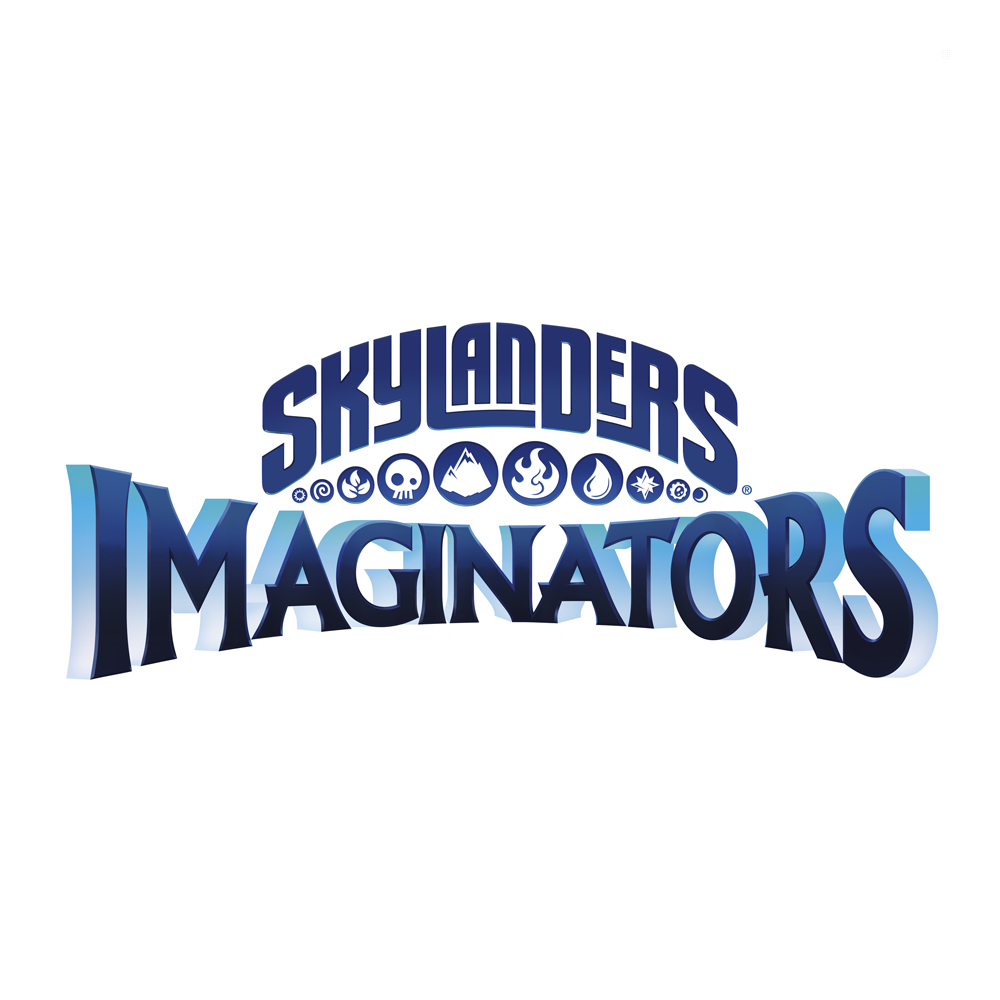 Logo Skylanders Imaginators na białym tle. Tekst jest niebieski i 3D.