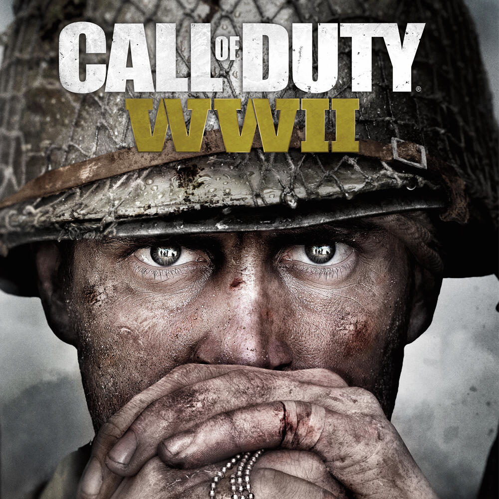 Okładka gry Call of Duty WWII przedstawiająca żołnierza w hełmie, skupionego na oczach, patrzącego w dół.