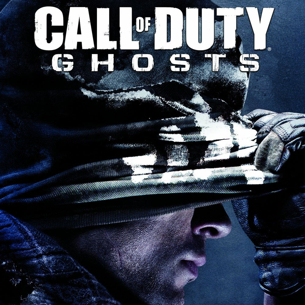 Copertina del gioco Call of Duty: Ghosts con un uomo con una maschera con cappuccio, che copre parzialmente il suo viso.