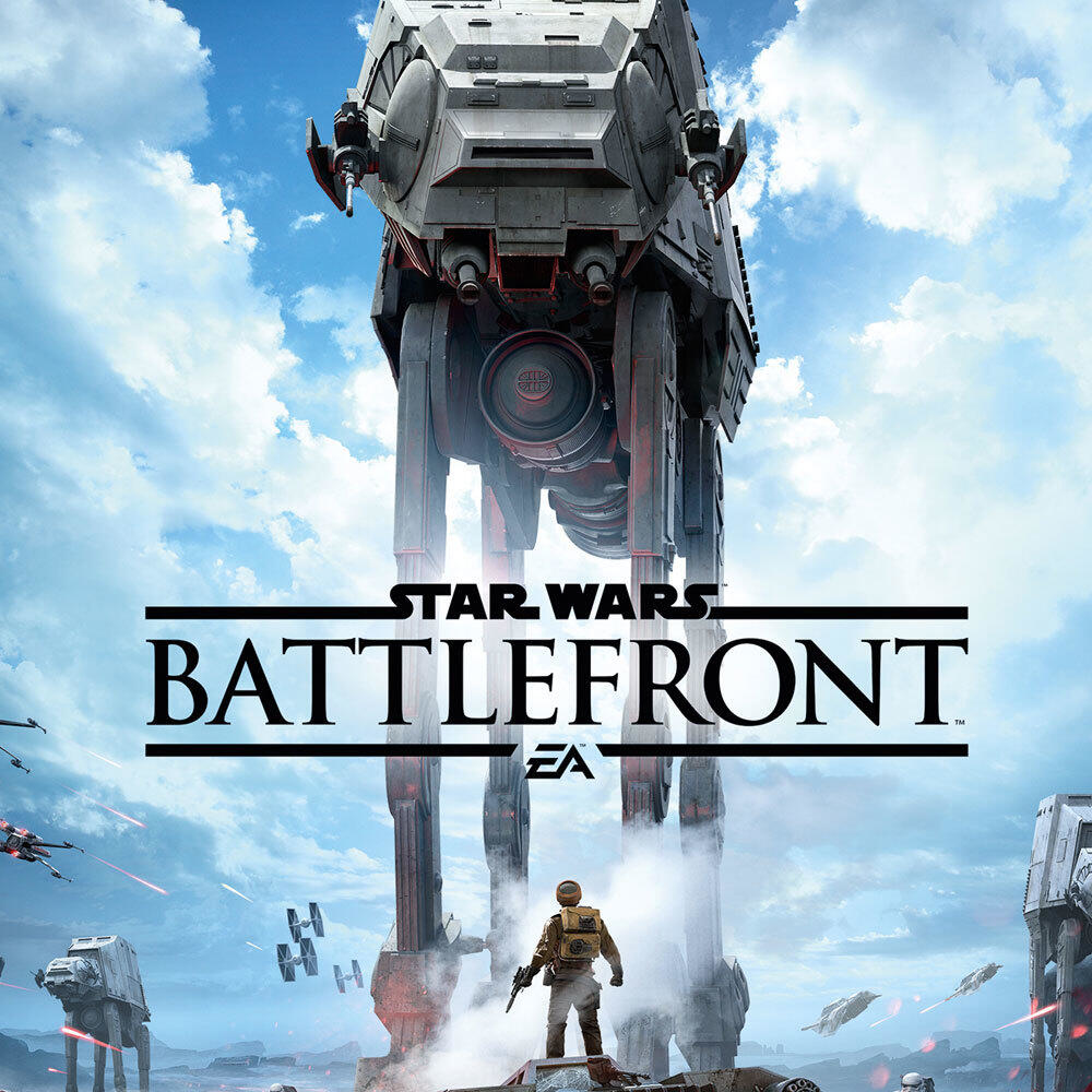 Obraz Star Wars: Battlefront z AT-AT i żołnierzem w pustynnym krajobrazie pod błękitnym niebem.