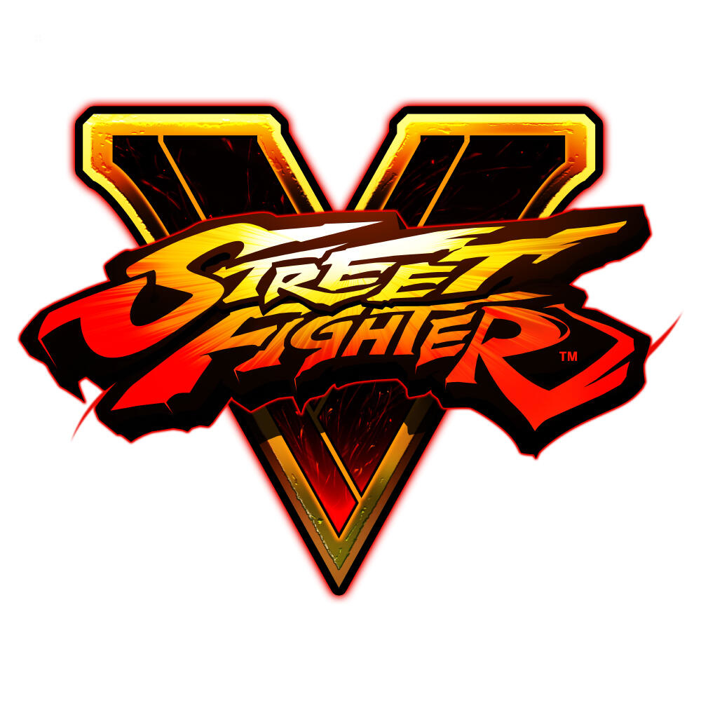 Logo Street Fighter V. Logo to stylizowane „V” z nazwą gry pogrubionymi, czerwonymi literami.