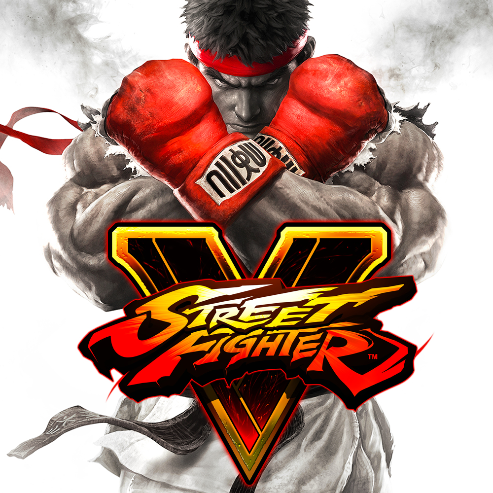 Ryu aus Street Fighter, mit verschränkten Armen und Fäusten, mit dem Spiel-Logo.