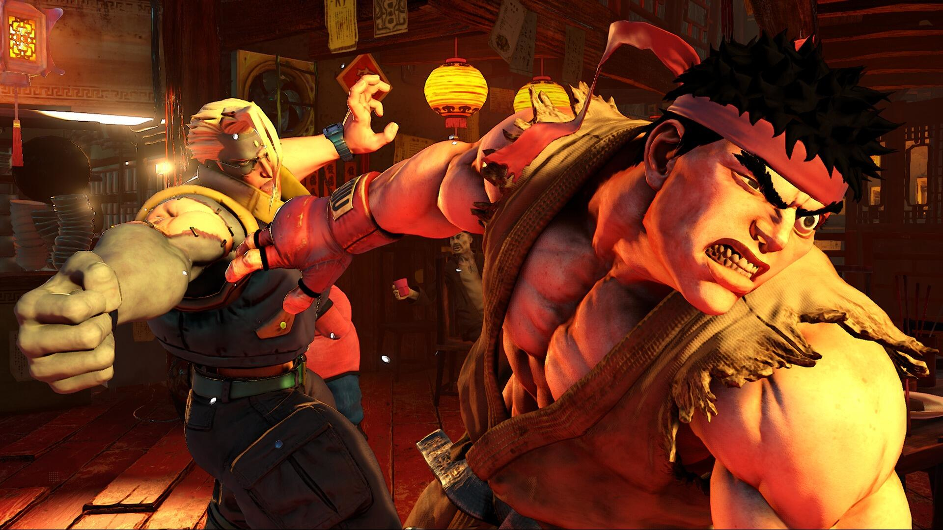 Zwei Männer in einem Kampfspiel, einer schlägt den anderen. Hintergrund: schwach beleuchteter Raum mit Laternen.