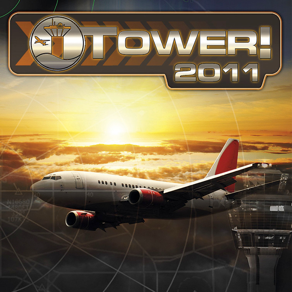 Ein Flugzeug fliegt am Himmel, über einem Kontrollturm und einem Sonnenuntergang.