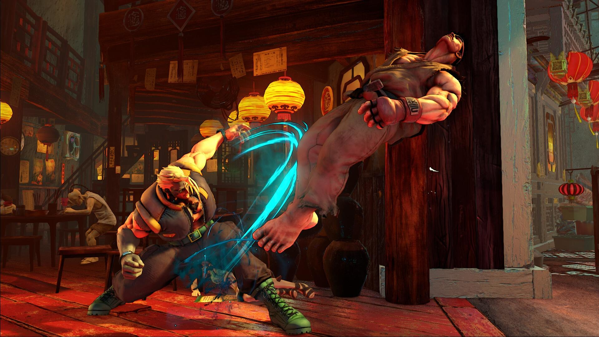 Zwei Kämpfer in einem Kampfspiel, einer tritt den anderen in einer chinesischen Umgebung.